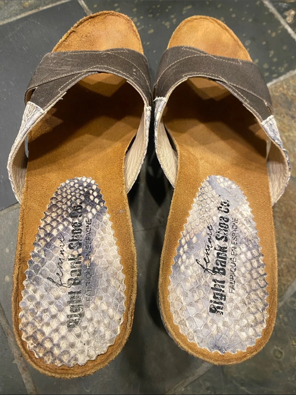 Wide Crisscross Wedge Sandals in Brown w/Snakeskin Detailing